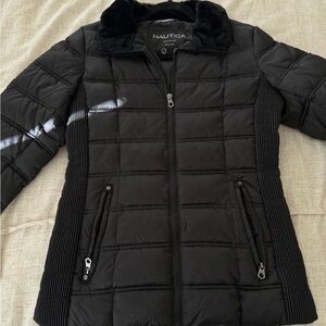 Nautica Black Quilted Puffer Jacket with Faux Fur Collar